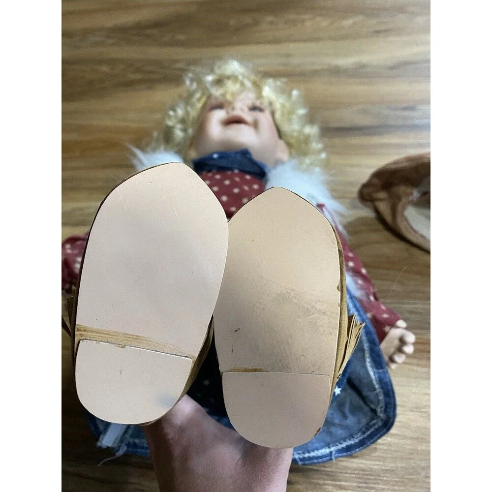 22in Porcelain Doll Patriotic Cowgirl Blonde Curls Blue Eye